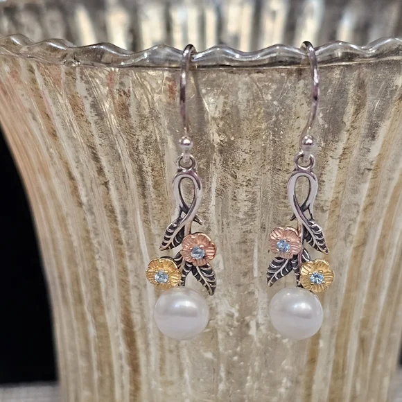 PZ Israel 925 Silver with Blue Topaz and Freshwater Pearls Drop Earrings - Picture 12 of 15